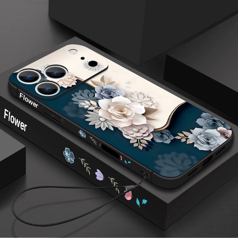 Romantic Rose Flower Pattern Lanyard Case For iPhone 17 Pro Max iPhone 16 15 14 13 Pro Max 11 16E 17E Soft Silicone Phone Back Cover
