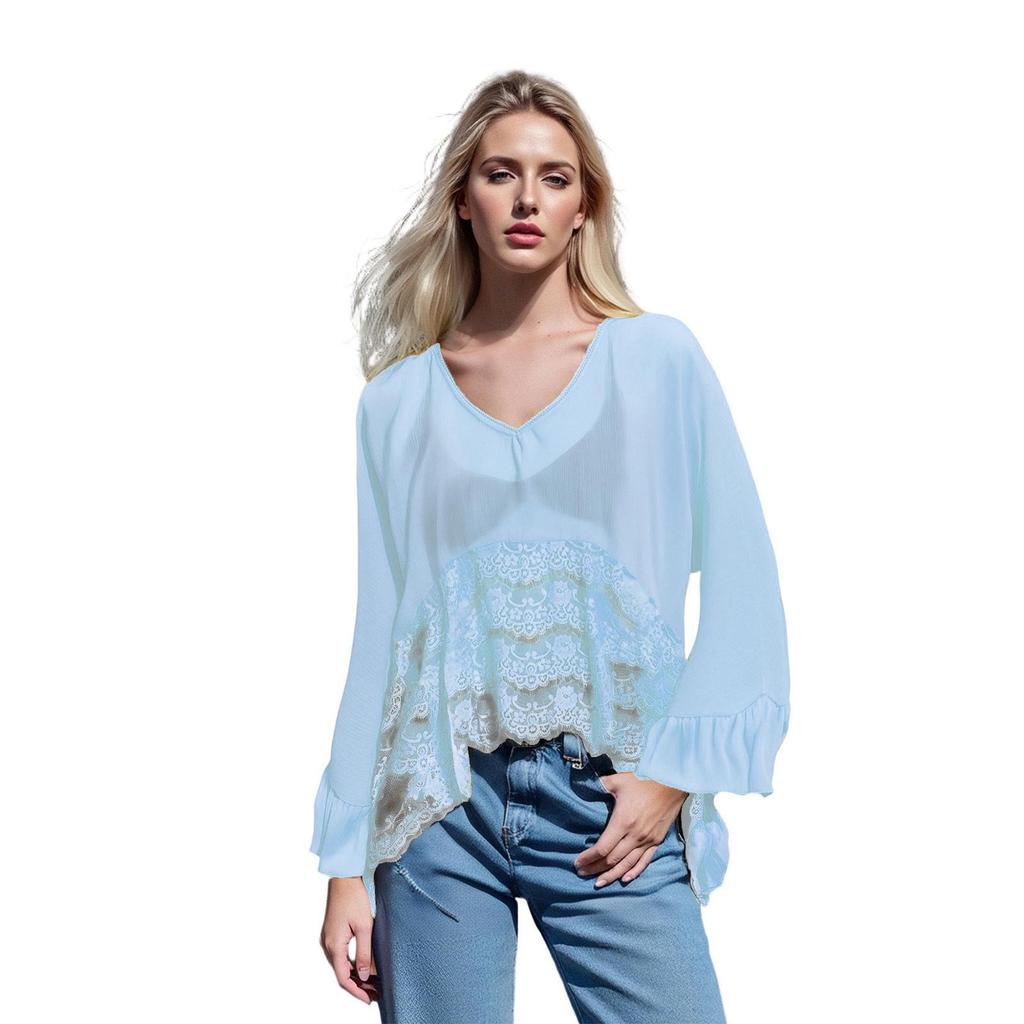 Women's Batwing Sleeve Mesh Cover-up: Spring/Summer Loose Beach Top with Lace Patchwork and Sun Protection.