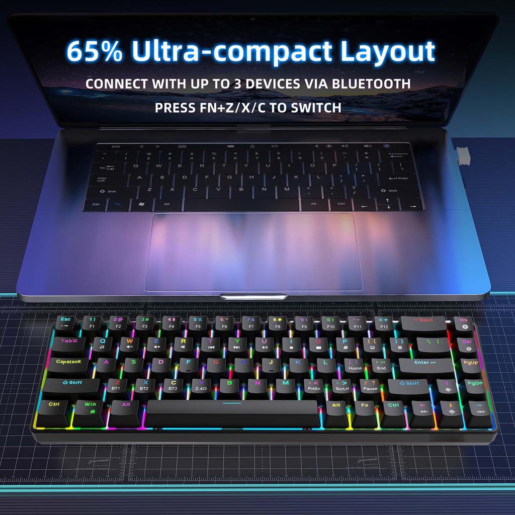 68 Keys Mechanical Keyboard Hot Swappable Red Switch RGB Backlit Wireless Wired BT 5.0 Black 3 Mode