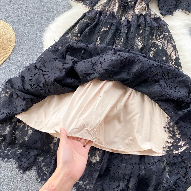 French Sweet Style Y2K Long Dresse Women Vintage Flower Hollow Out Solid Dresses Party Lace High Waist Spring Summer Casual New Clothing