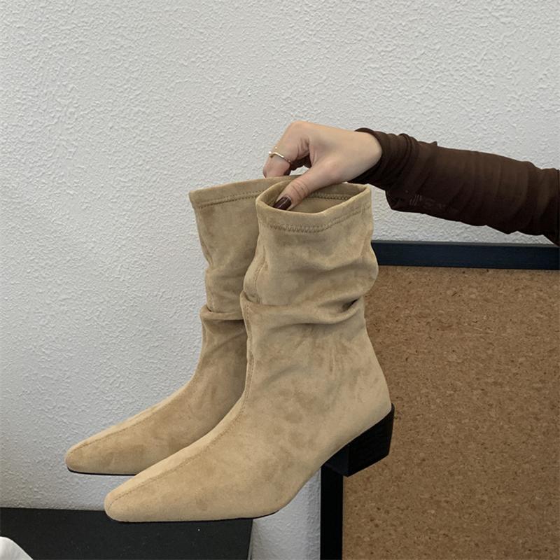 Vintage Pleated Woman Ankle Boots Autumn Winter Pointed Toe Slim Short Booties Fashion Square Heels Shoes