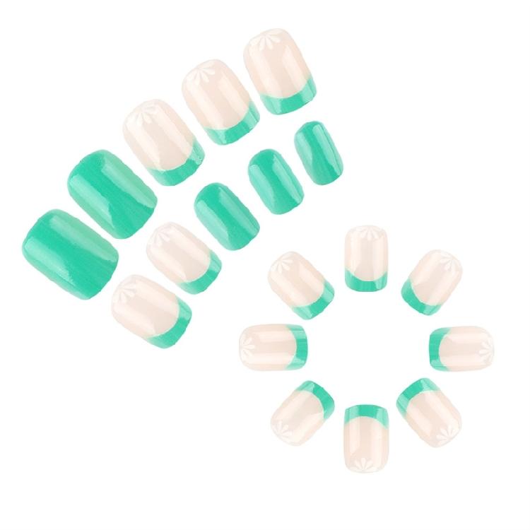 24 Pcs Green French Tip False Nail Flowers Press On Nail Solid Color Stick on Nail Manicures Supplies for Woman
