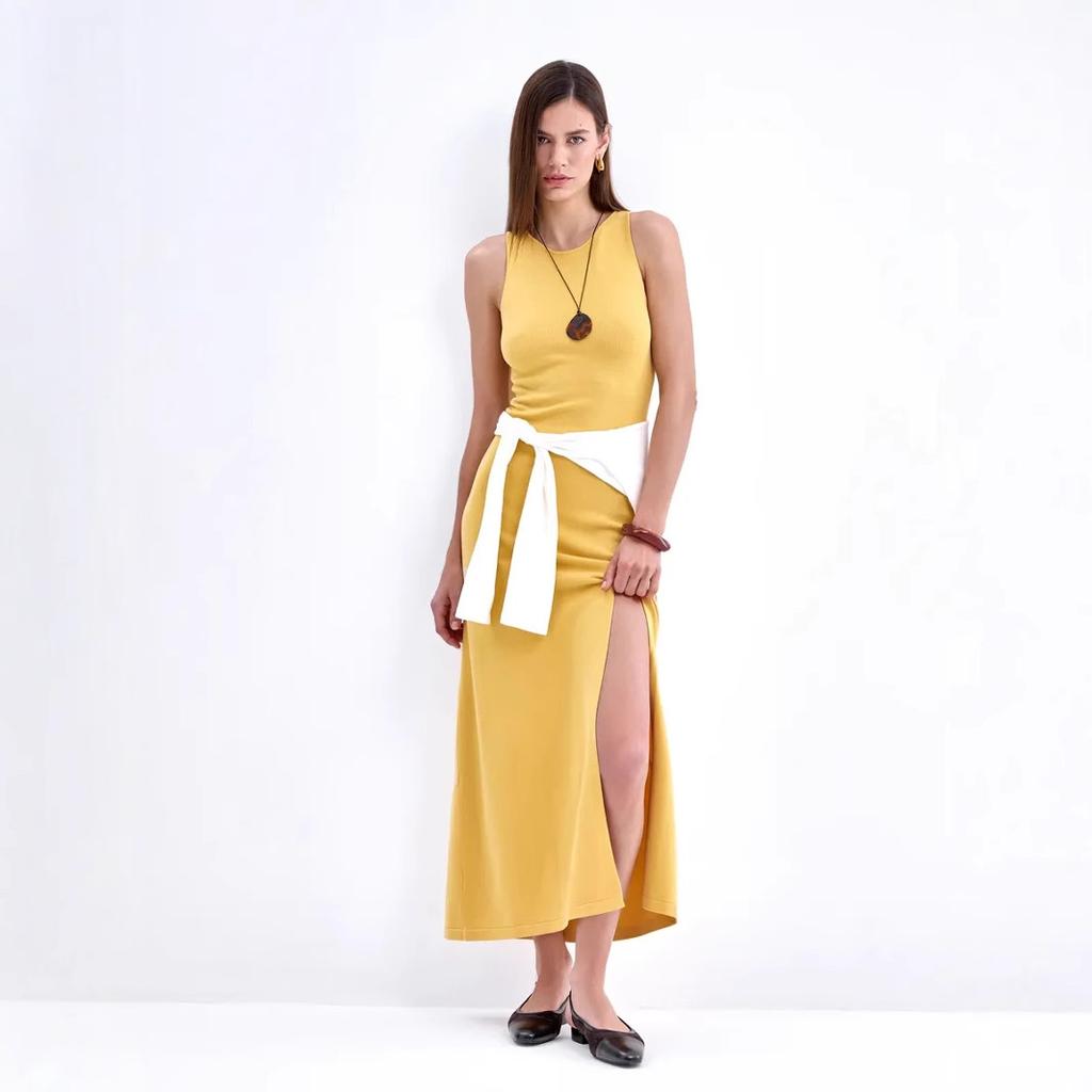 2026 Fall Winter Women Long Sweater Dress Elegant Slit Bodycon Sleeveless Tank Dress Versatile Knit Midi Dress