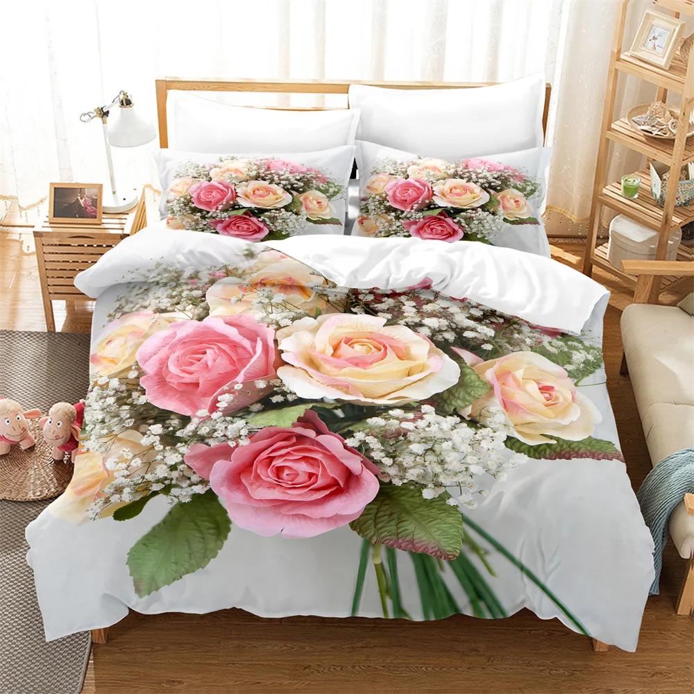 Comforter Rose Flower Bedding Set 4Pcs Pink Red 200X230 For Double Bed 3D Bedsheet 230X230 Full Size Thin Fabric