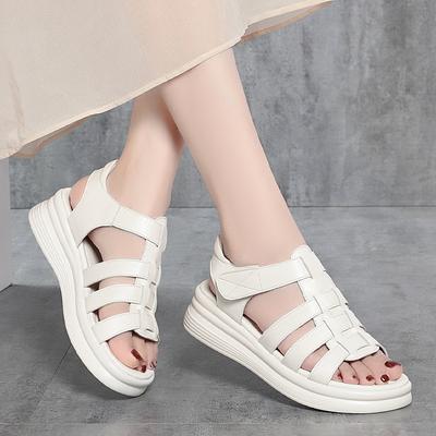 Fashion 4cm Comfortable Soft Leather Shoes Thick Bottom Platform Sandals 2024 Summer Womens Med Heels Gladiator Sandals for Mom