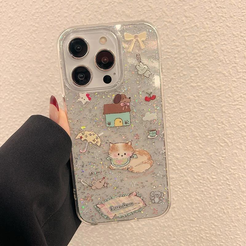 Fun and Cute Animals Are Suitable for Apple 16/17 Mobile Phone Case iPhone15 Silver Foil 13 Glitter 14 Large Holes IMD12