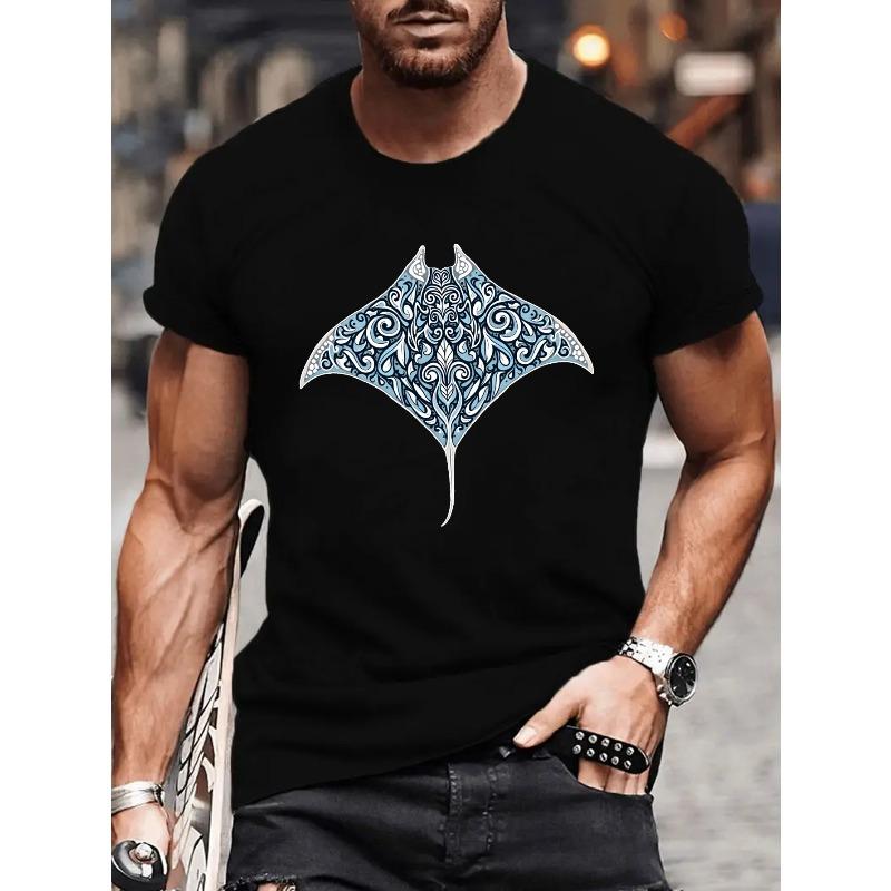 

European sizes Men s Tribal Manta Ray T-Shirt with Swirling Marine Motifs - Short Sleeve Summer Beachwear, Casual Round Neck Top, 4XL чорний