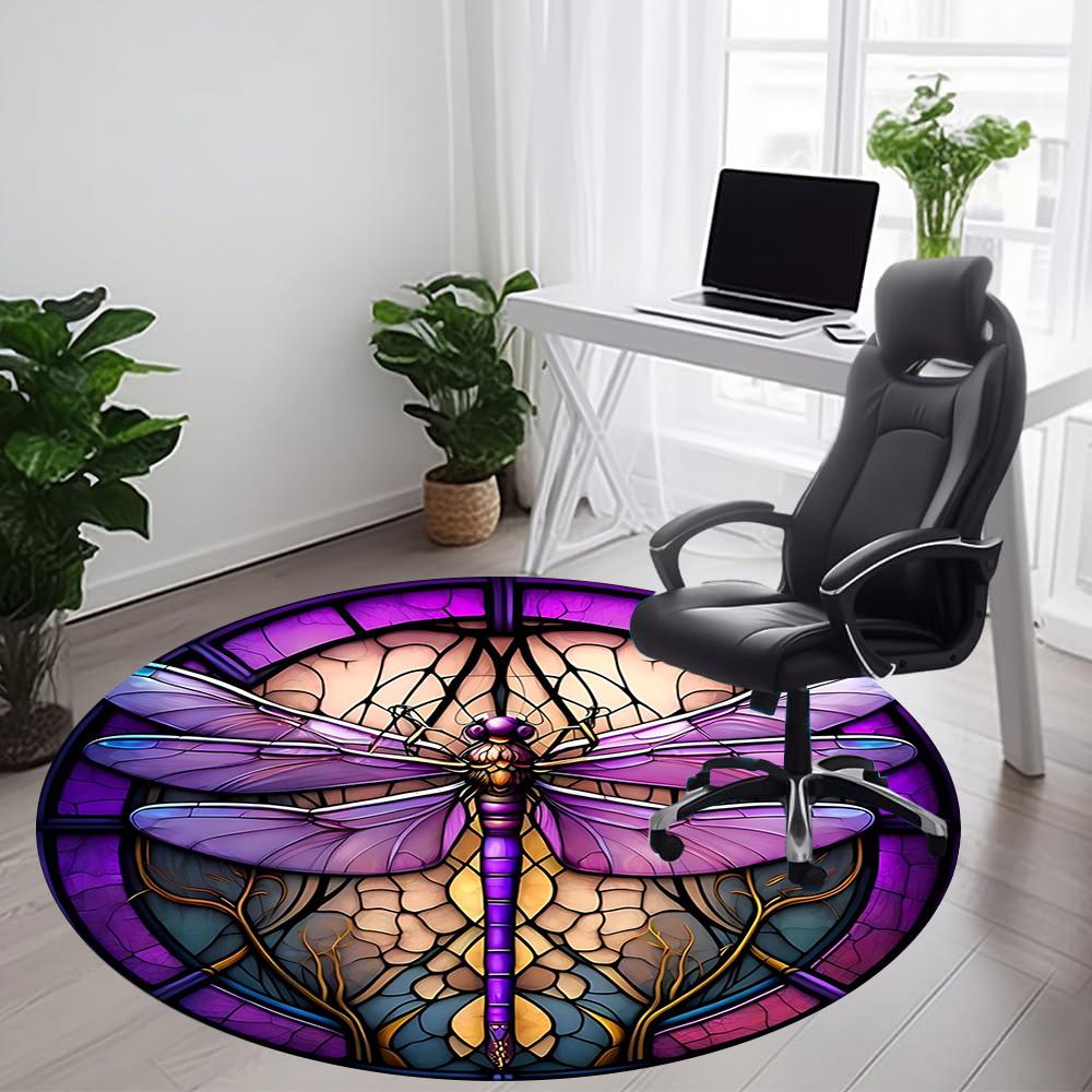 1pc Purple Stained Glass Dragonfly Office Round Area Rug, Under Office Chairs Bedroom Living Room Home Decor, Room Deco