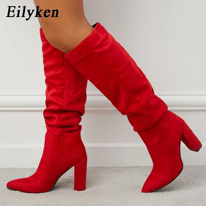 Fashion Eilyken Winter Women Pointed Toe Folds Flock Warm Knee-High Boot  Fashion Concise Ladies High Heels Shoes