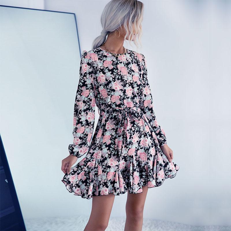 Women's Fashion Summer Spring Floral Print Long Sleeve O-Neck Casual Dresses