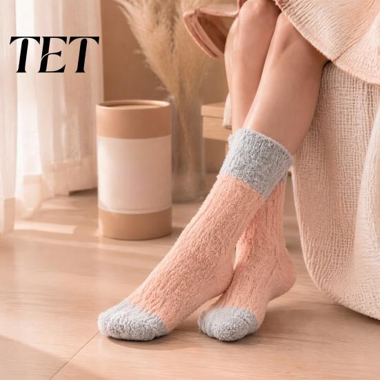 Heat Retaining Lounge Socks Thickened Long Plush for Women, Warm Coral Fleece Socks, Winter Home Foot Warmers Thermal Sleep Anti-static Contrast Color