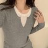 Korean Style Ins Contrasting Color Splicing Fake Two-piece Long-sleeved Tops for Women New Niche Autumn and Winter Knitted Bottoming Sweaters