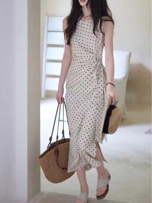 Songjianyue Elegant Polka Dot Linen-Cotton Dress for Women