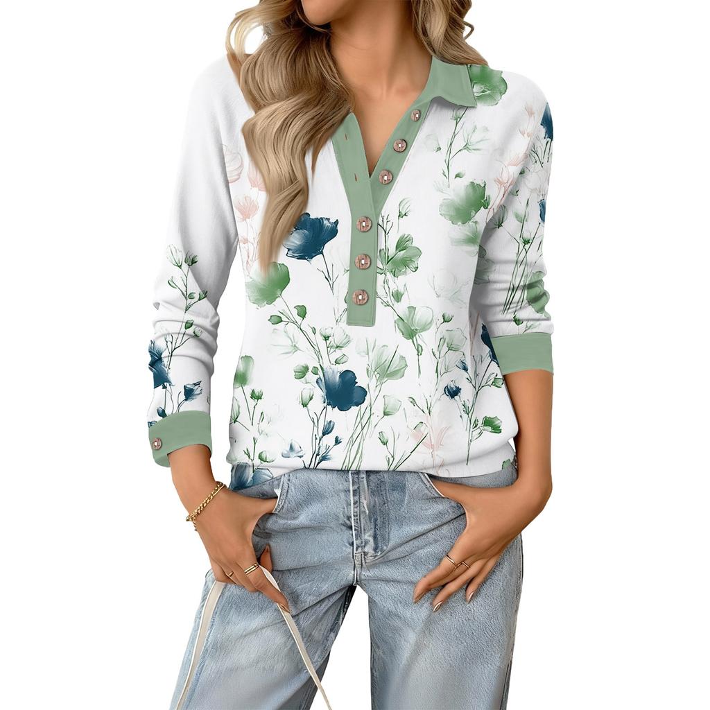 Damen Retro Street Lässiges V-Ausschnitt Langarm Knopf Floral Print Pullover Top