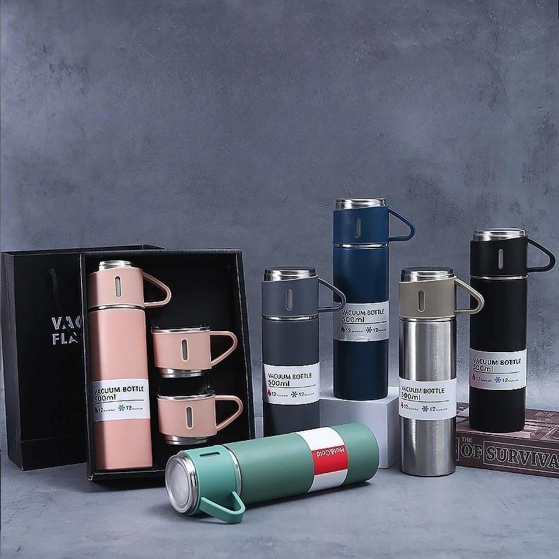 500ml One Cup Three Lid Stainless Steel Insulated Bottle Business 304 Large Capacity Thermos High End Gift Box Set Water Cup