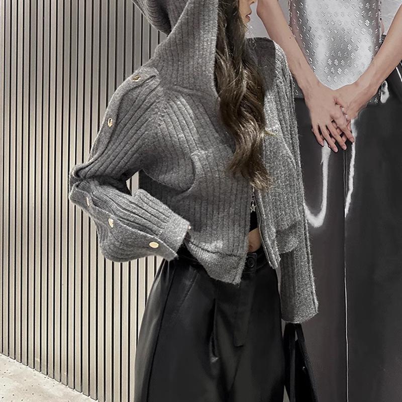 

Осенне-зимний кардиган с капюшоном на двойной молнии, короткий вязаный кардиган простого темперамента, куртка для ранней осени, свитер M серый