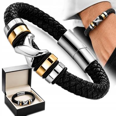 Men' Leather Bracelet Gold Silver TITANIUM Braided Full Thick