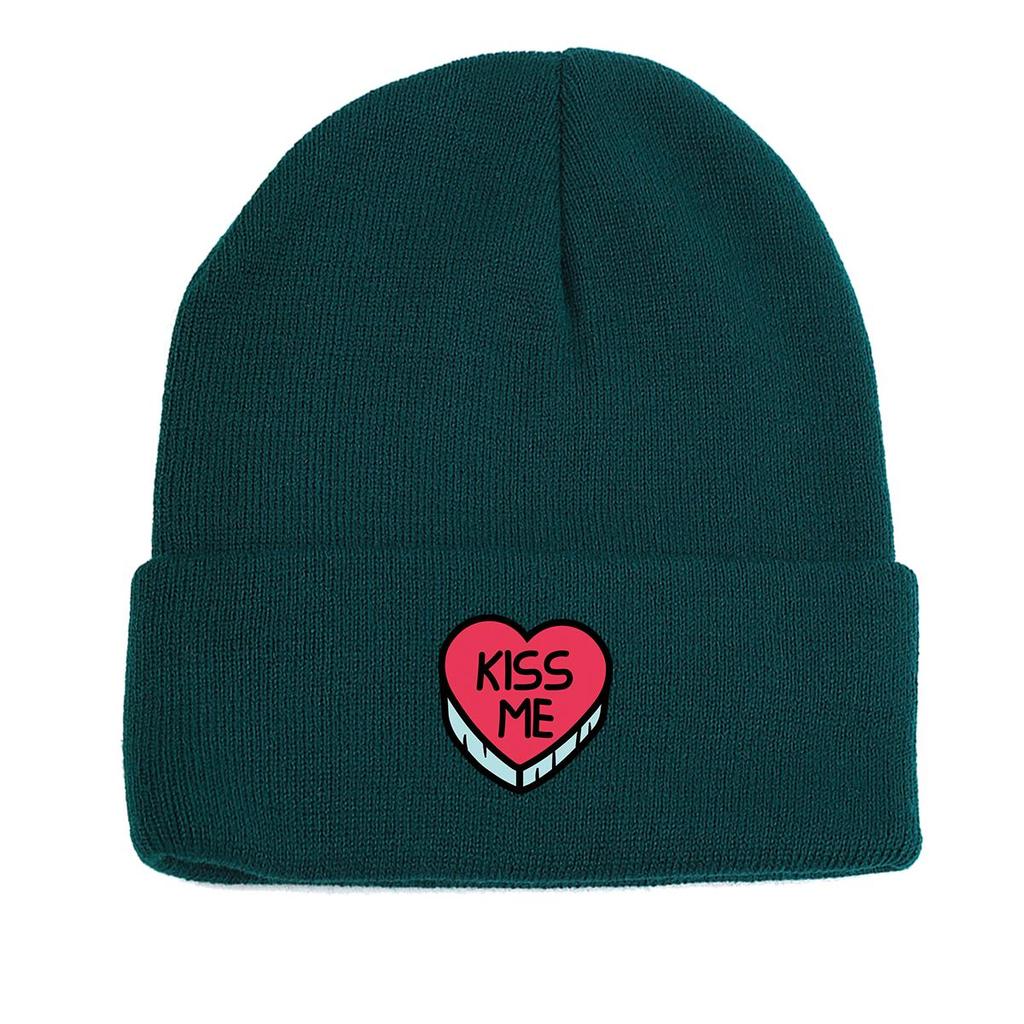 KISS ME" Heart Print Knit Cap Beanie, Valentine's Day Man Cap Soft Stretchy Unisex Bonnet Knitted Hat Beanie