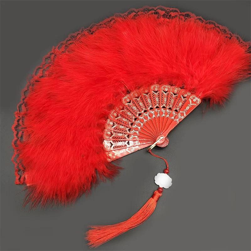 White Feather Fan Full Velvet Thickening Cheongsam Catwalk Folding Fan Yudi Boutique Night Shanghai Chinese Ancient Style Dancing Folding Fan Female