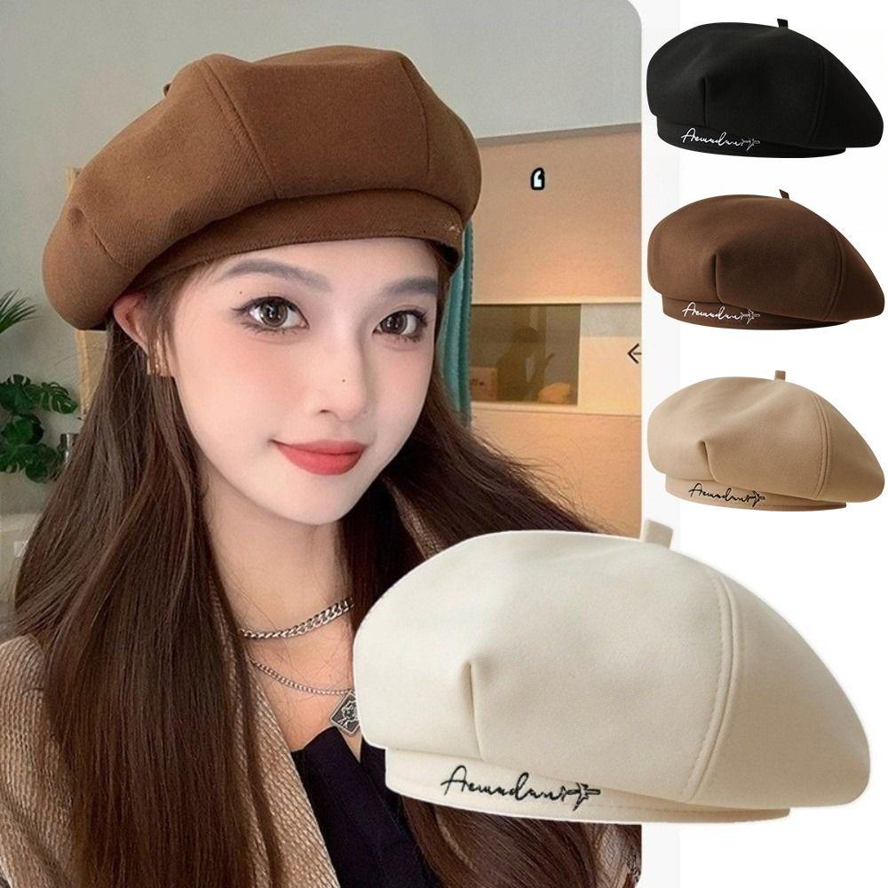 Letter Embroidered Newsboy Hat Octagonal Visors Cap Vintage Beret Painter's Hat