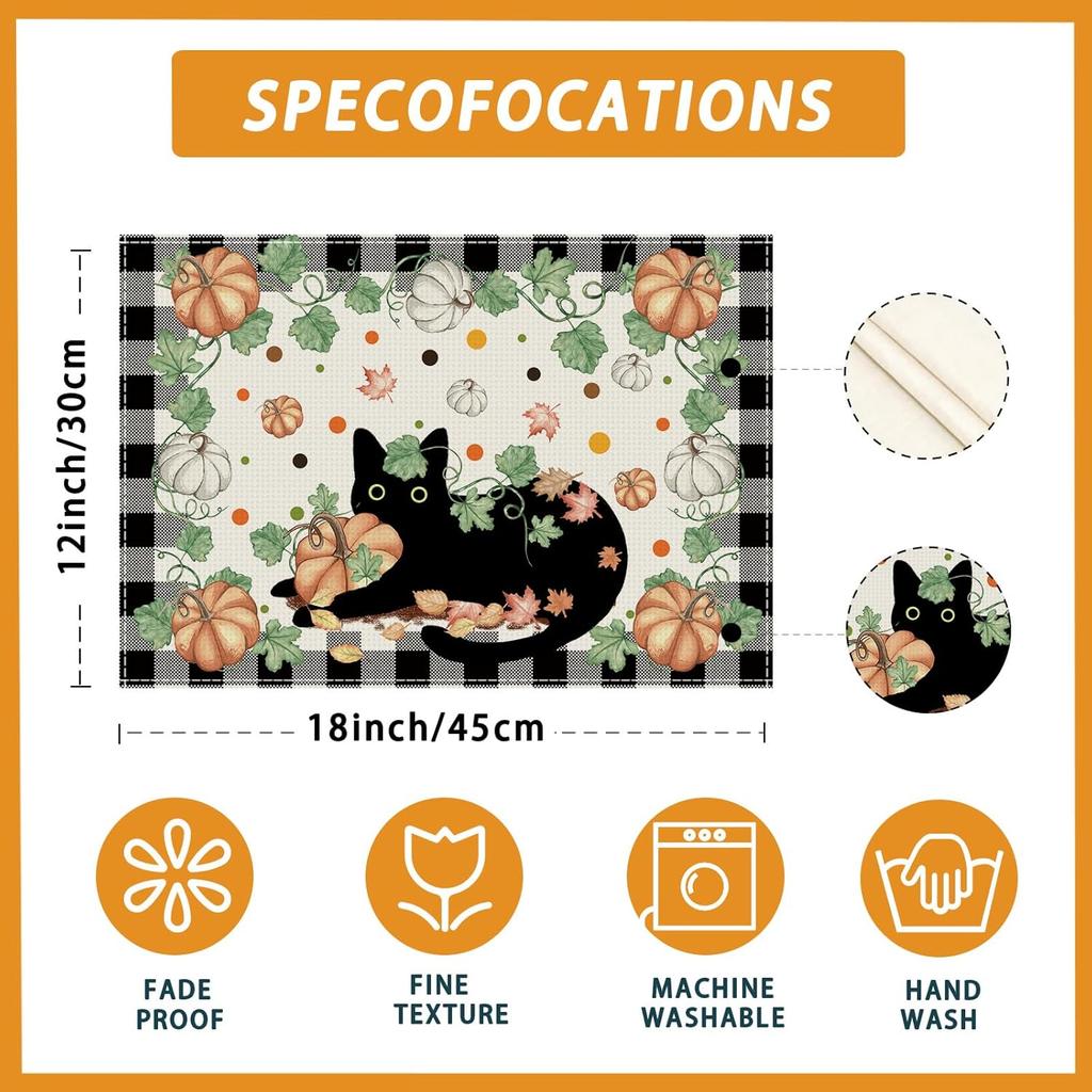 XCHI Fall Black Cat Pumpkin Plaid Placemats Set of 4 Table Mats for Party Home Kitchen Dining Table Decorations 12x18 Inch
