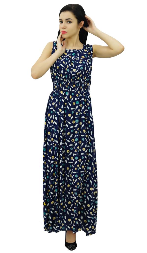 Bimba Women's Smocked Waist Maxi Dress Bowling Print Casual Summer Rayon