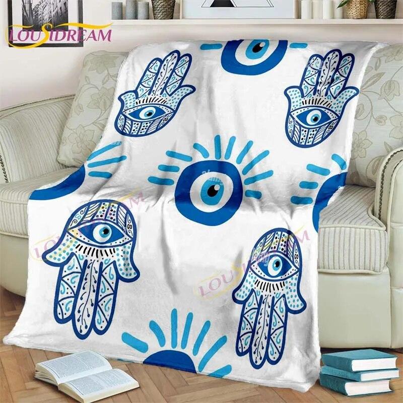 Bule Evil Eye Blanket Hamsa Hand Psychedelic Blanket for Travel Bedding Chair Adult Lightweight Bohemian Style Blanket Tapestry