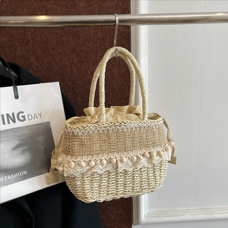 

2025 New Desig Women Summer Handwoven Fashion Straw Handbags Lady Bohemia Retro Lace Rattan Tote Bag Travel Holiday Beach Bag бежевый