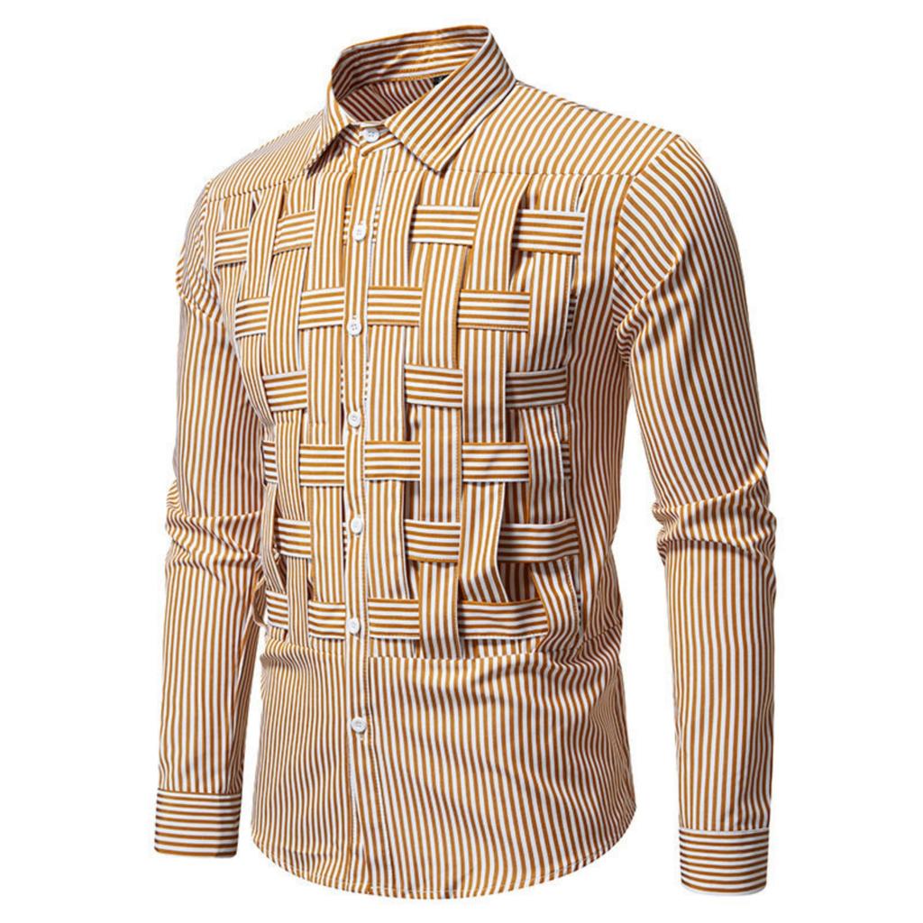 Men's Casual Solid-color Long-sleeved Shirt, Men's Button-style Striped Woven Stand-up Collar Shirt