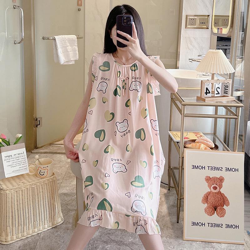 Cotton and Silk Nightgown Women's Spring, Summer and Autumn Casual Short-sleeved Large-size Printed Pajamas Summer Thin High-end Sensitive Cotton Whol