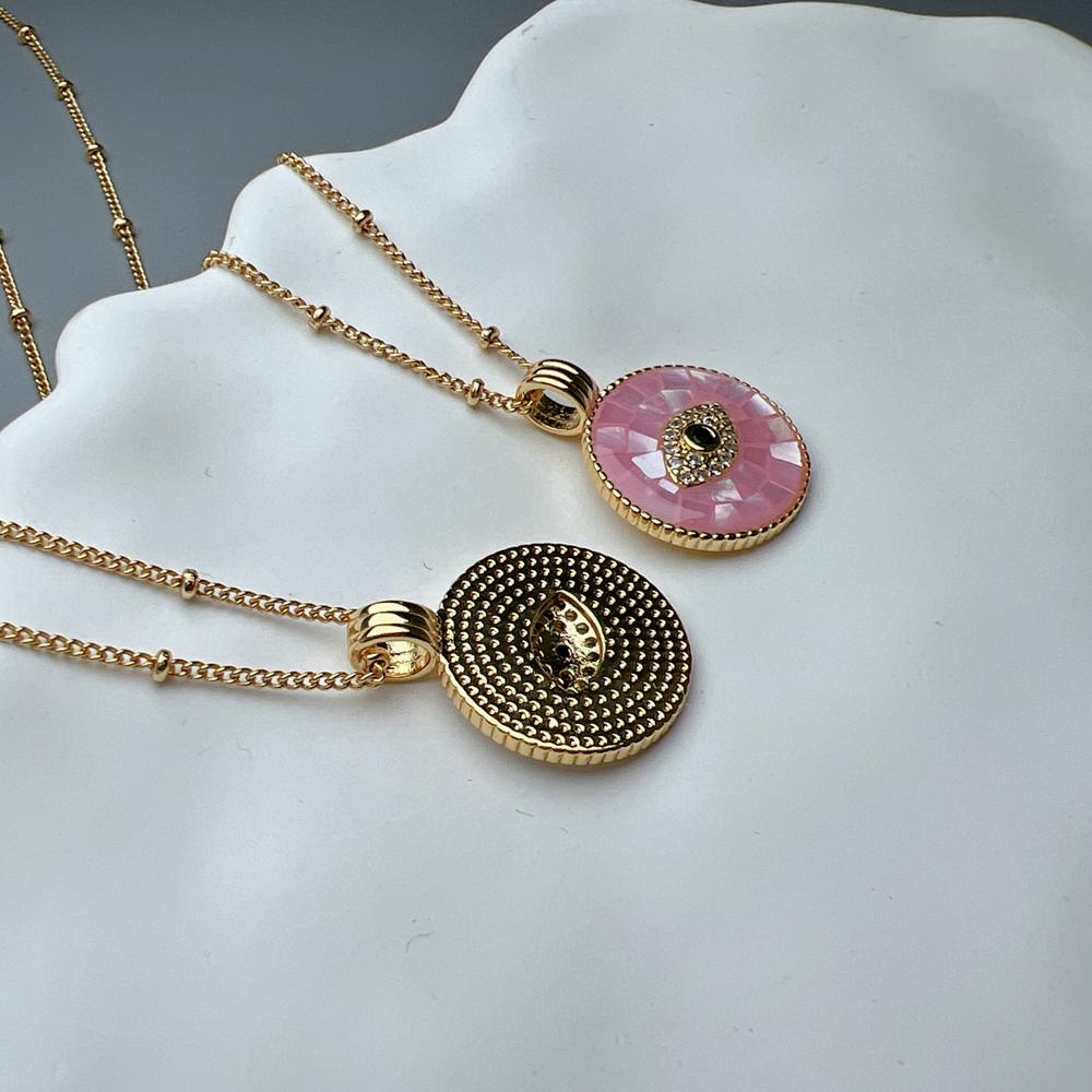 Collana alla moda con conchiglia rosa rotonda, cristallo, zircone, occhio maligno, per donna, placcata oro 18k PVD, gioielli da collo