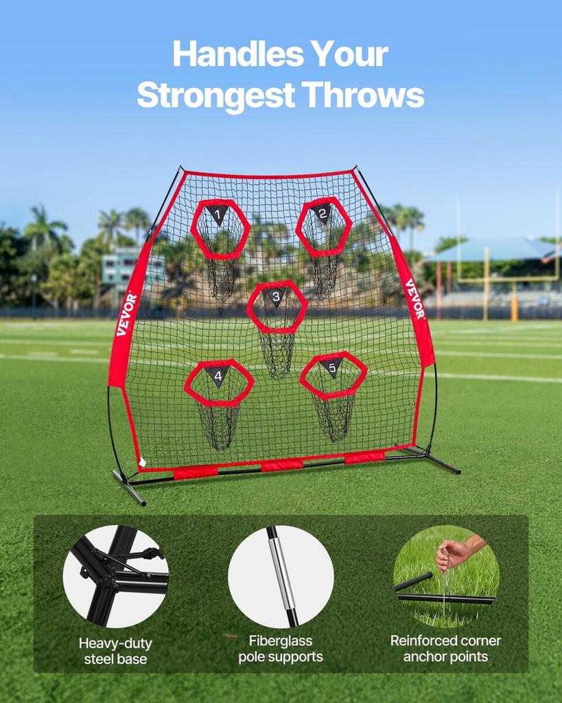 2133.6 X 2133.6mm Football Trainer Throwing Net, Training Throwing Target Practice Net with 5 Target Pockets, Knotless Net Includes Straps and