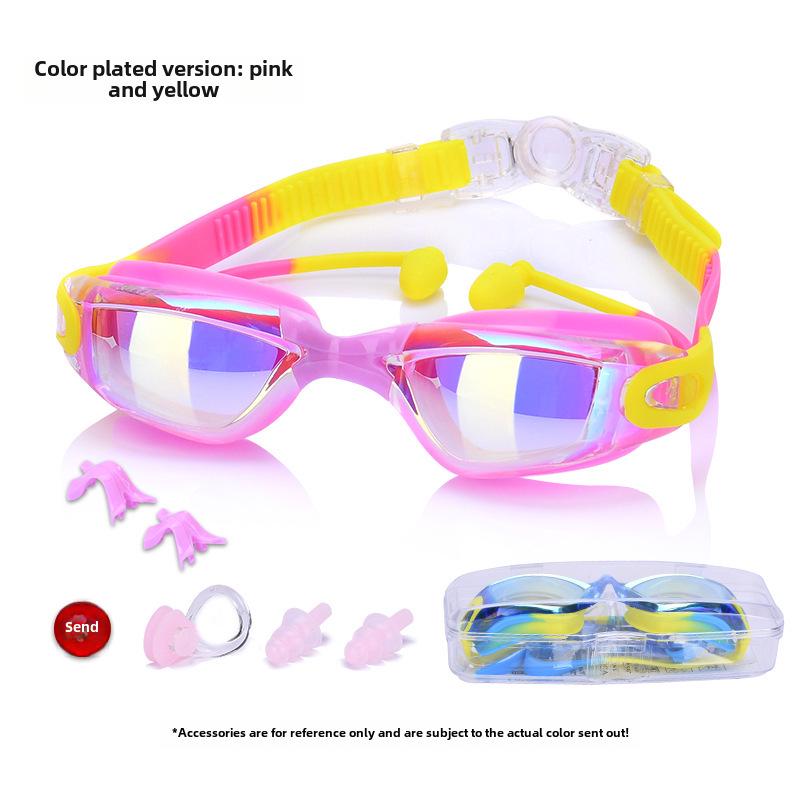 

2025 Силиконовые детские водонепроницаемые противотуманные очки для плавания с гальваническим покрытием линз высокой четкости