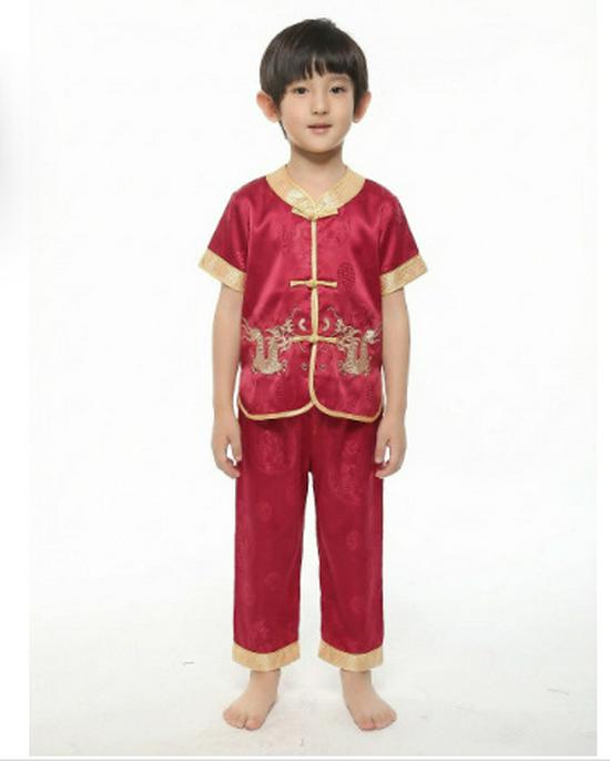 Red Double Dragon Embroidered Tang Suit Set - Boys' Short Sleeve Summer Wear