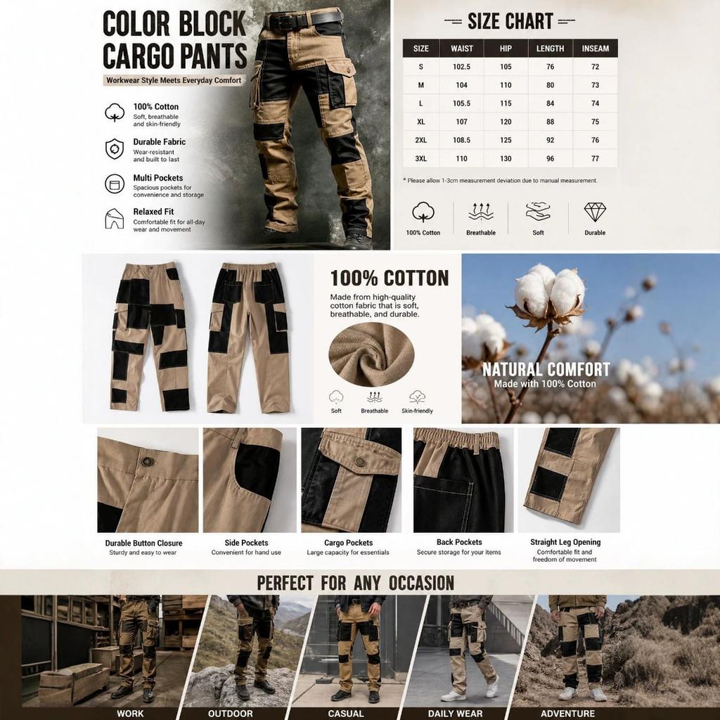 2026 New Style European Men's Multi-color Block Tactical Multi-pocket Outdoor Workwear Pants