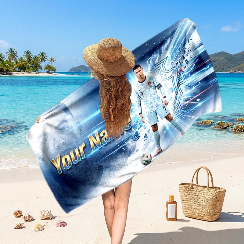 Cristiano Ronaldo Custom Beach Towel, Personalized Name Text Print, Football Logo Soft Quick‑Dry Towel Holiday Gift