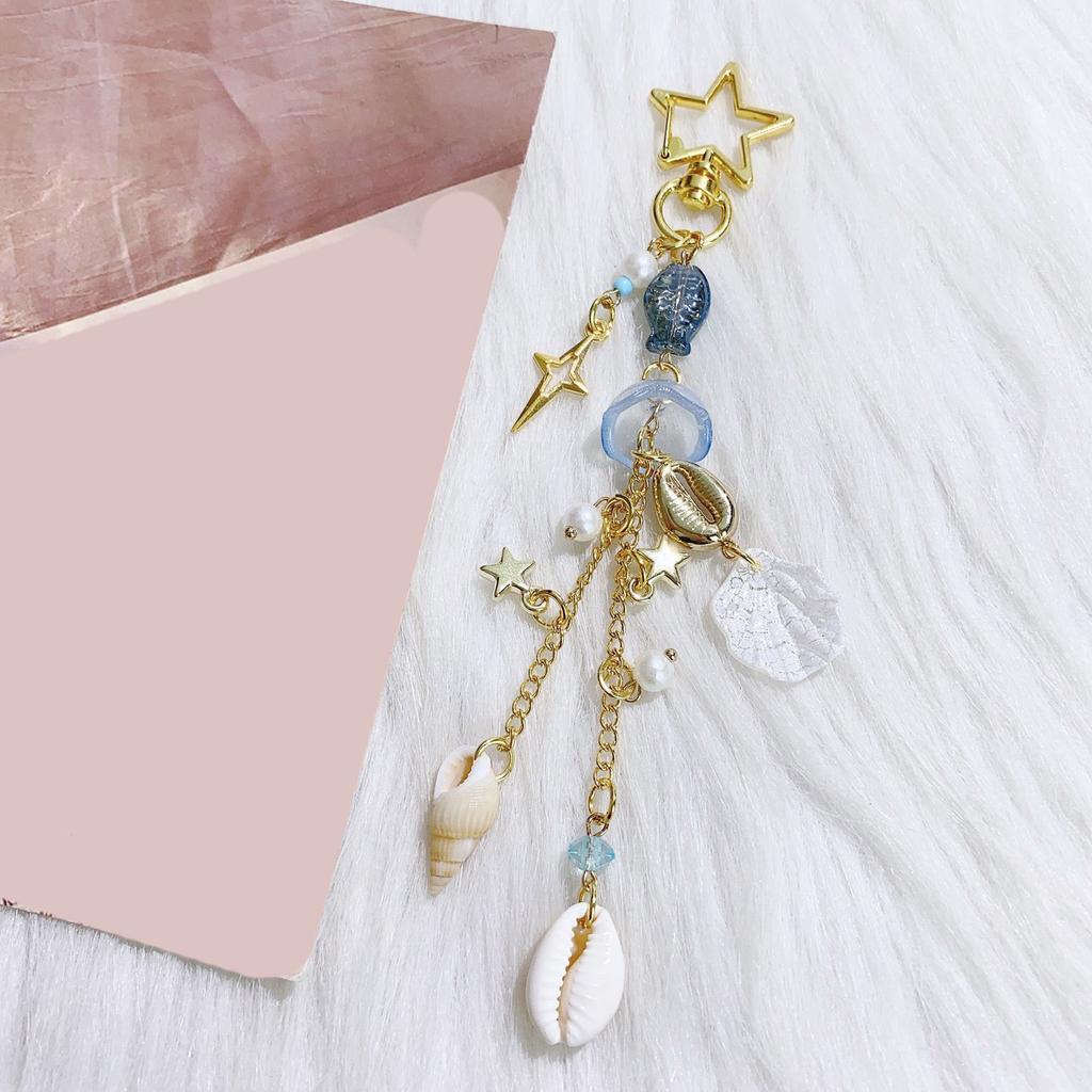Shellfish Fish and Jellyfish Shell Key Chain Beaded Pendant for Phone and Camera Cases Stylish Bag Accessory for Women