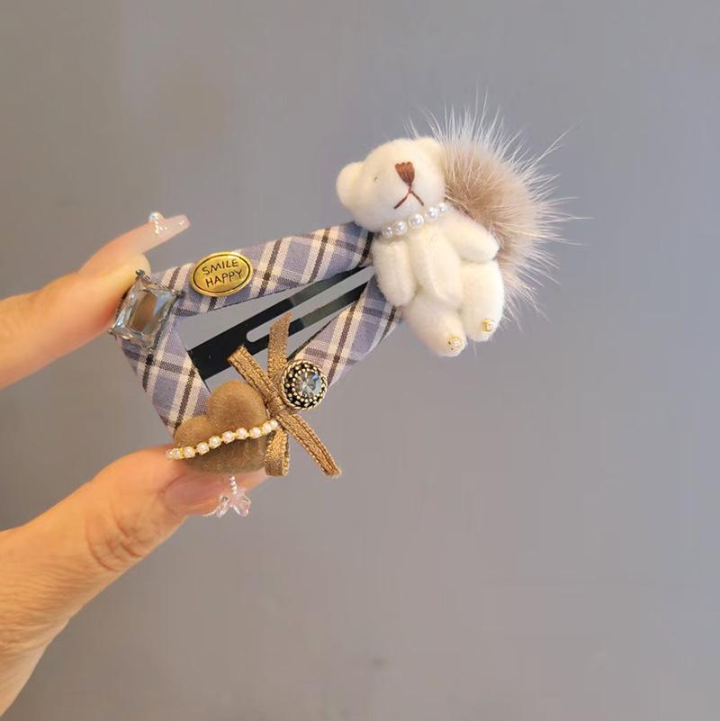 

Korean Style Blue Plaid Teddy Bear Hair Clip - Cute Fluffy Plush Snap Clip for Side Bangs