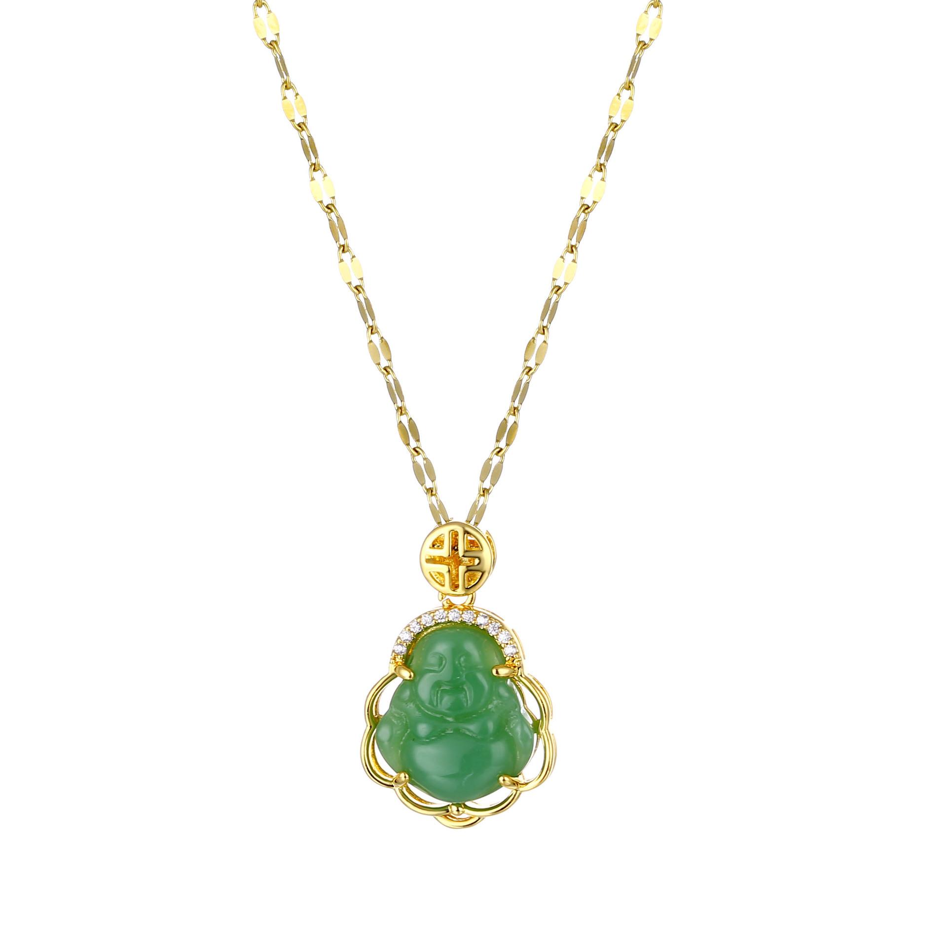 Neues Gold eingelegtes Imitat Jade Mark Großer Bauch Maitreya Buddha Mode Halskette Kupfer Xiang Schmuck beige