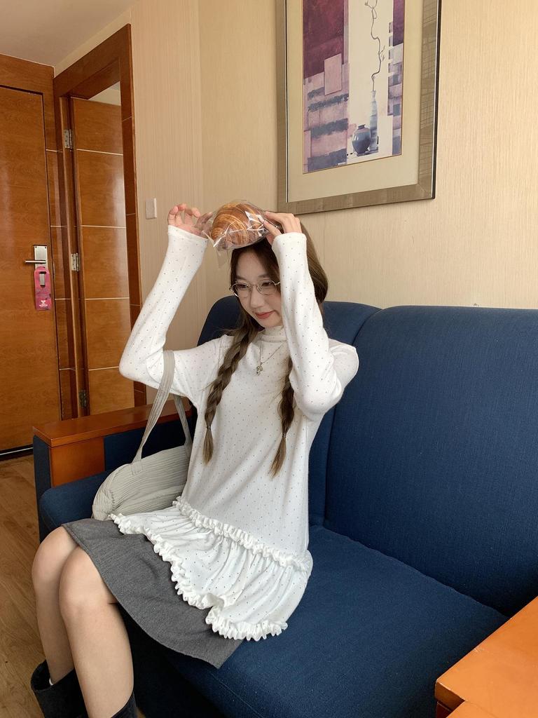 Korean High Neck Polka Dot Lace Patchwork Long Sleeve Top for Women - Autumn Winter Fashion