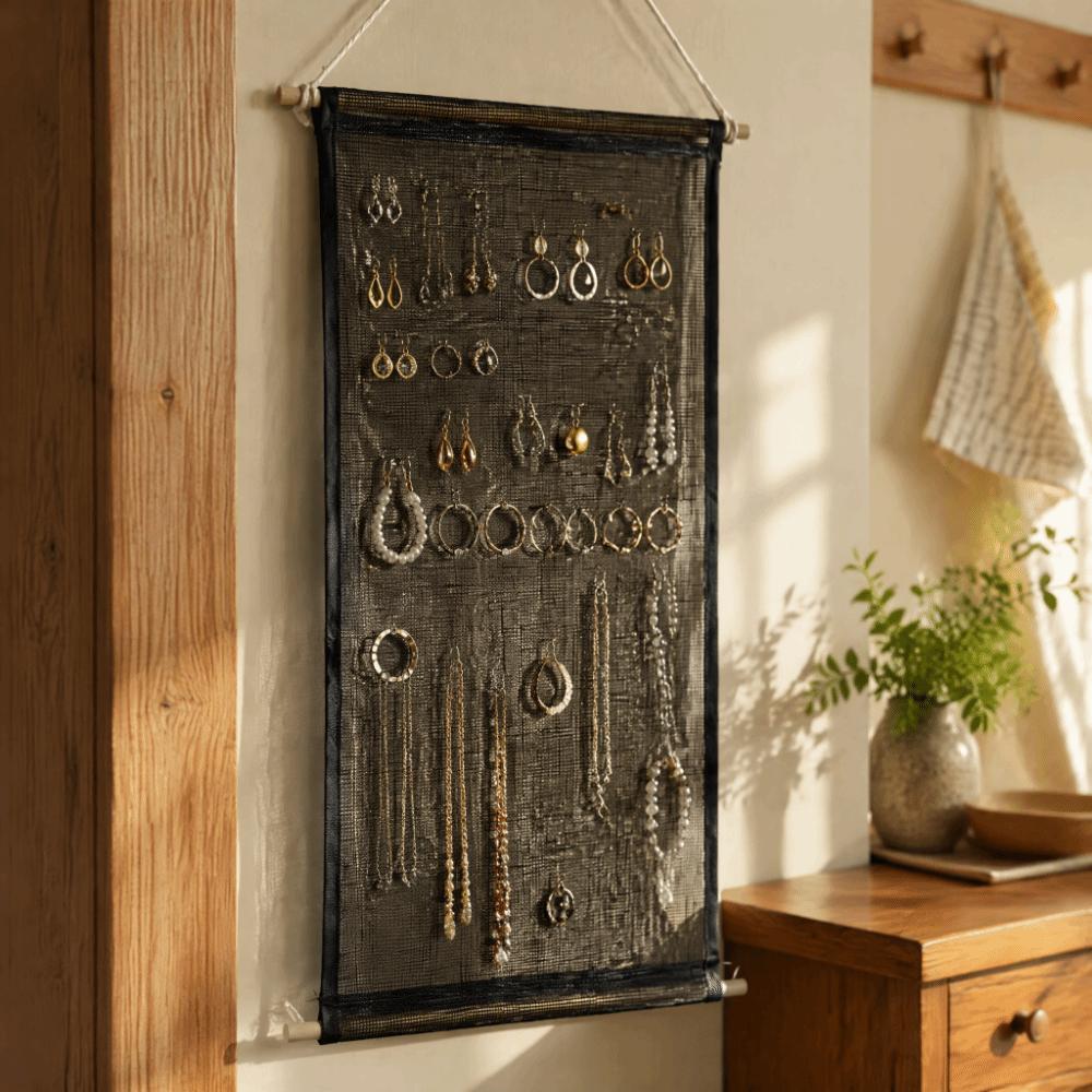 Wall Mounted Jewelry Display Rack Mesh Cloth Earring Organizer Holder Wall Display