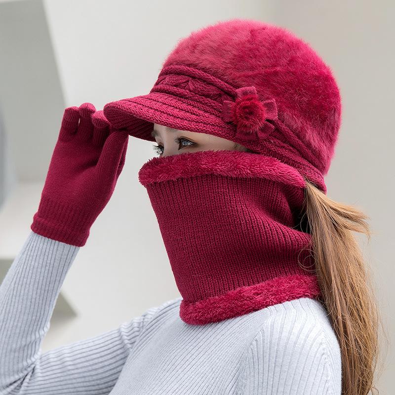 

Нова зимова шапка Товста тепла в язана шапка Шарф Рукавички Набір з 3 предметів для жінок Елегантні квіти Берет із кролика Шапка для верхової їзди на відкритому повітрі