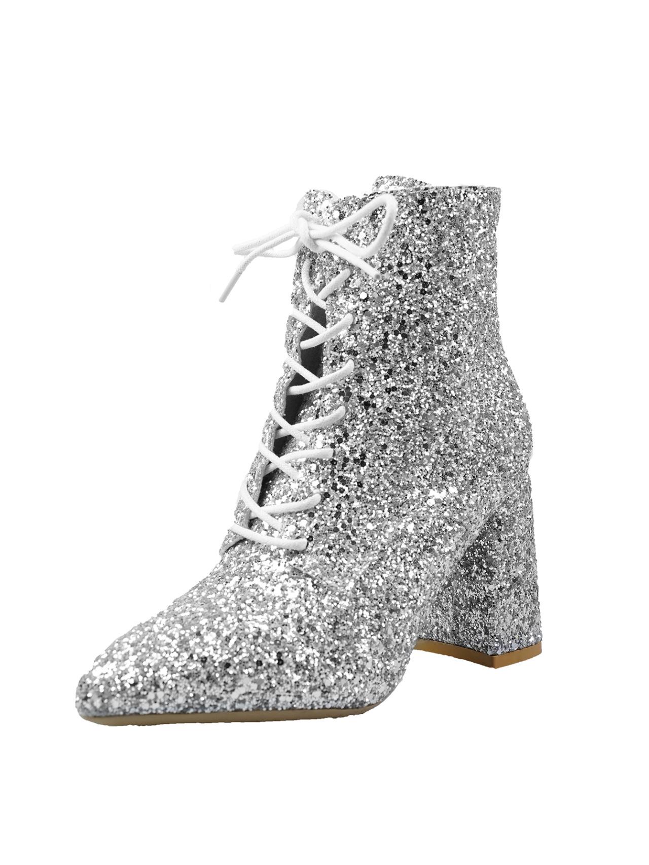 

Золотые блестки кутюрные сапоги женские толстые каблуки со шнуровкой спереди заостренные толстые каблуки больших размеров сценические сапоги челси 42 серебряный