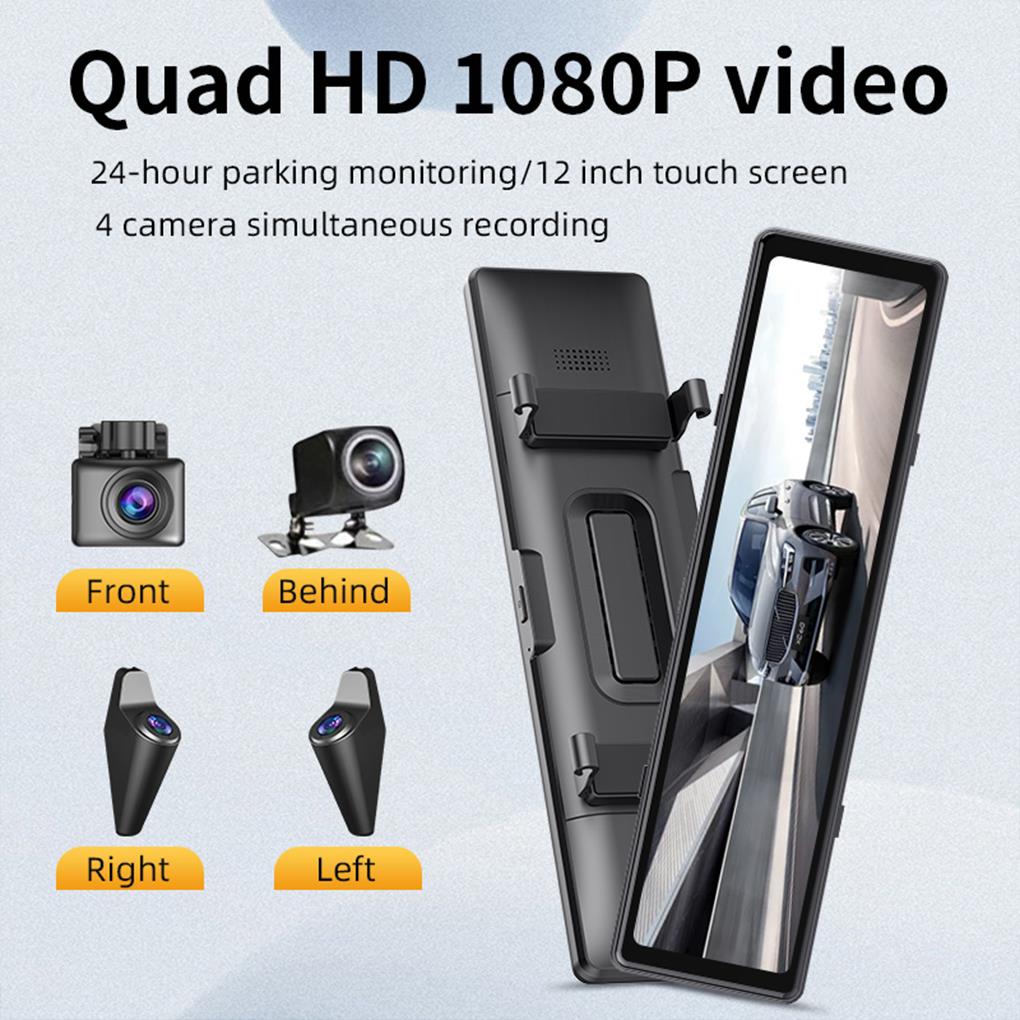 12-Zoll-Rückfahrkamera Dashcam 1080P 30FPS IPS-Bildschirm 4-Kanal WiFi Rückfahrkamera GPS Spiegel Auto Recorder Stream Media Auto DVR
