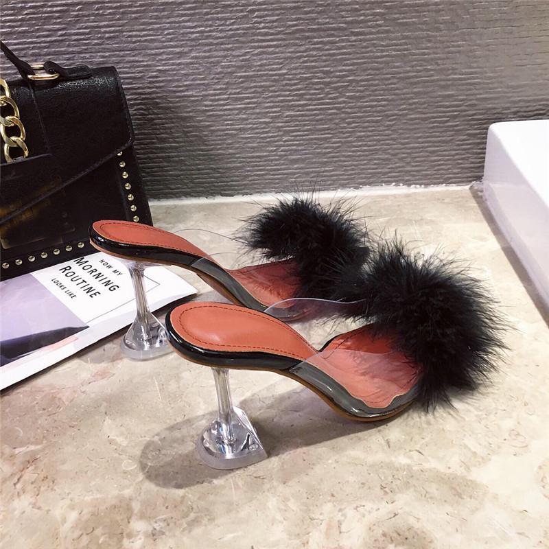 Eilyken Women Feather Transparent High Heels Fur Pumps Slippers Peep Toe Mules Pumps Slides White Ladies Shoes