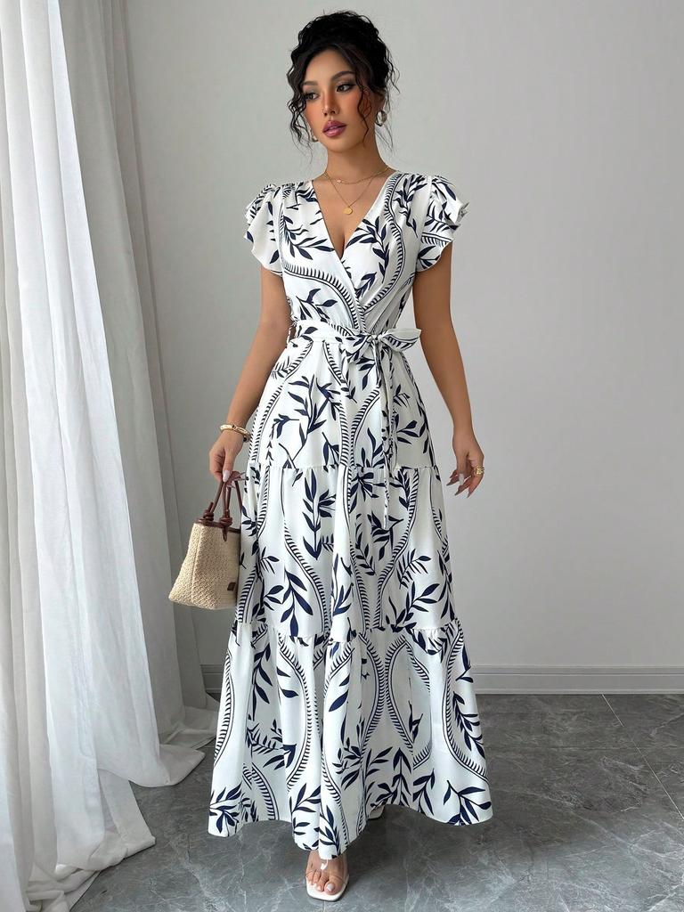 Women's White V-Neck Wrap Maxi Dress with Red Leaf Print and Ruffle Hem