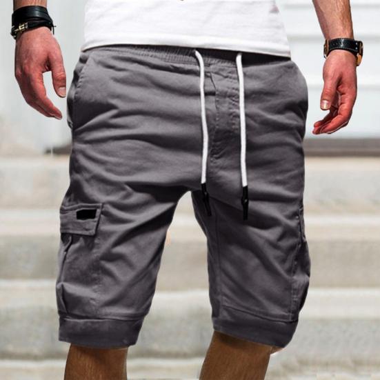 Mid-Rise Elastic Waistband Drawstring Multi Pockets Men Shorts Solid Color Loose Fitness Cargo Shorts Streetwear