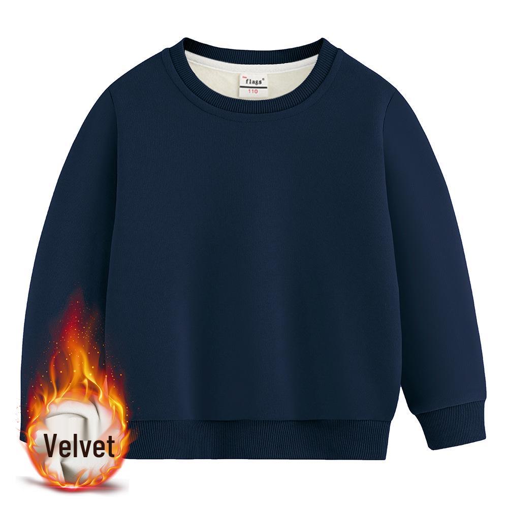 Kids' Round Neck Cotton Hoodie - Warm Fleece-Lined Pullover for Girls in Plain Colors.