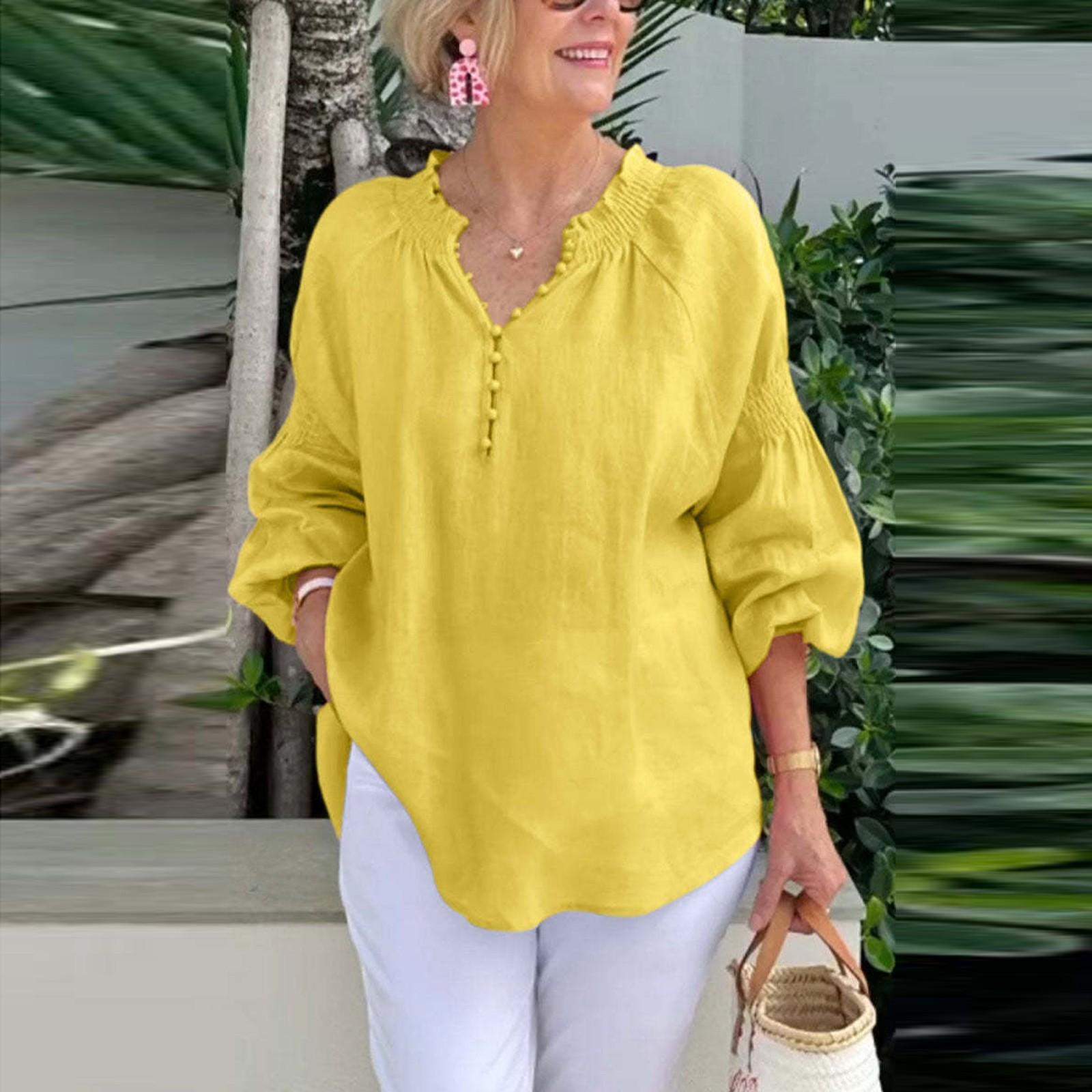 

Женская повседневная мода V-образный вырез однотонный длинный рукав топ с пуговицами L жёлтый