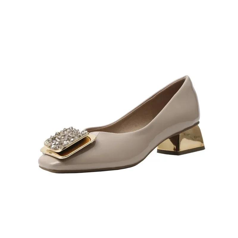 Fashion 2024 Fashion Pumps Shoes Women Medium Heel Trend Spring Summer Patent Leather Red Square Toe Shallow Mouth Women High Heels